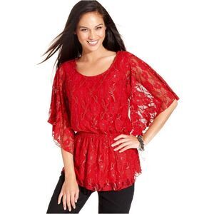 New! STYLE & CO Metallic Floral Stretch Lace Petite Top Blouse Red Smocked Waist